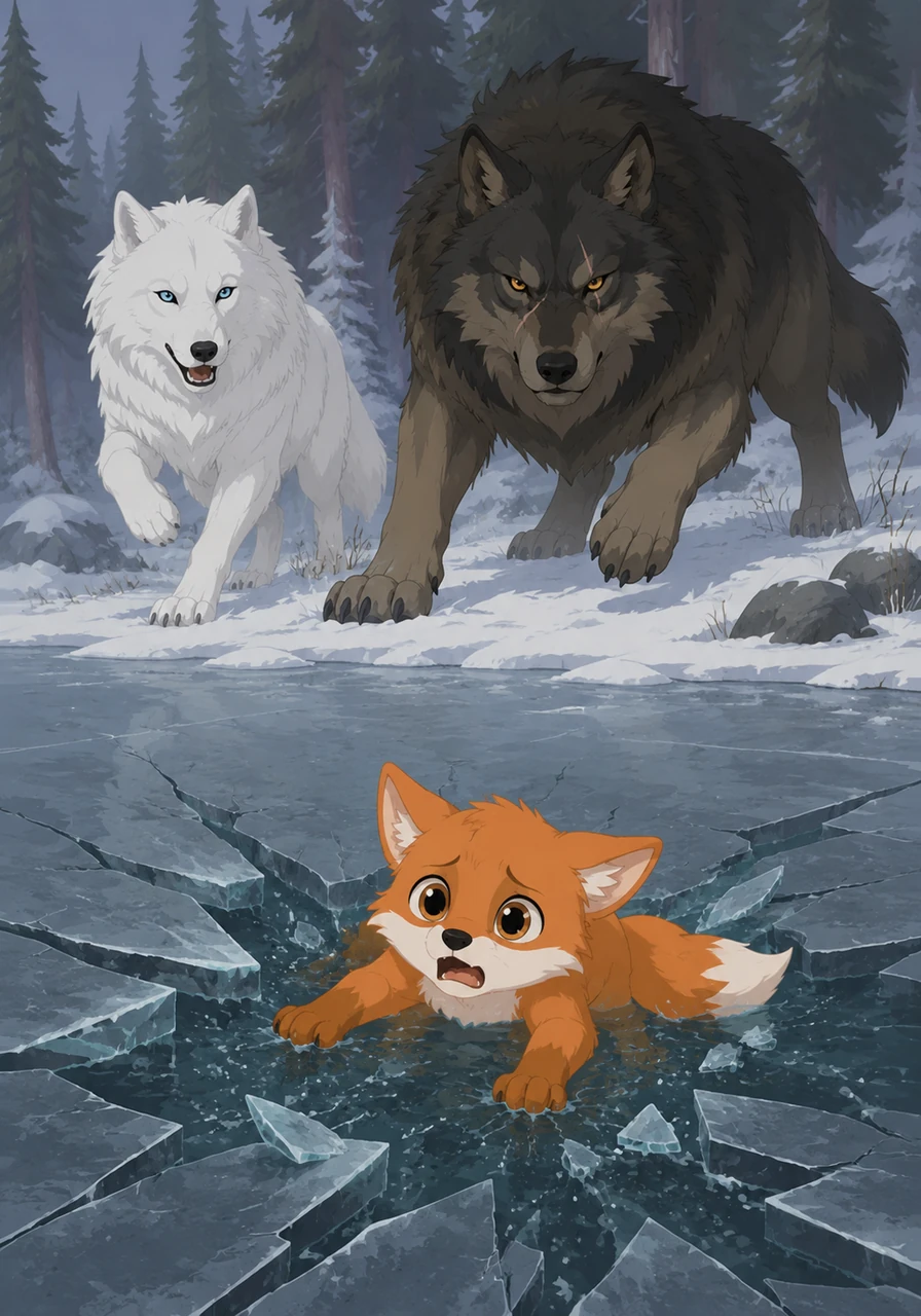 Suddenly, a frantic cry echoed through the trees near the edge of a thin, cracking frozen lake. A small fox kit had wandered too far onto the ice and was trapped as the surface began to splinter and groan.