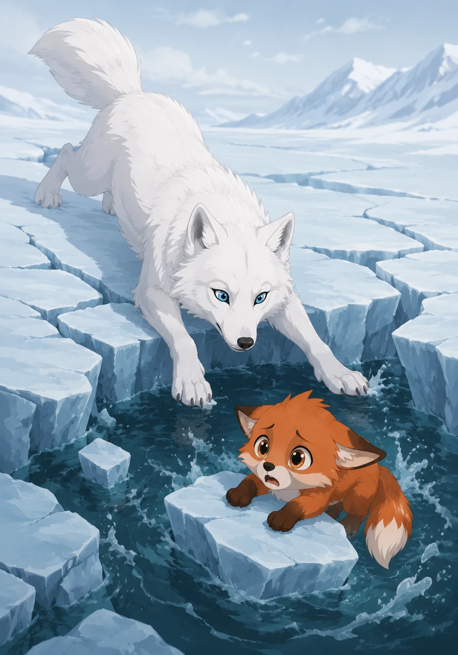 Layla moved with grace and speed, her white fur blending perfectly with the ice so she didn't startle the frightened kit. She carefully slid across the surface, using her light frame to reach the little one just before the ice gave way.