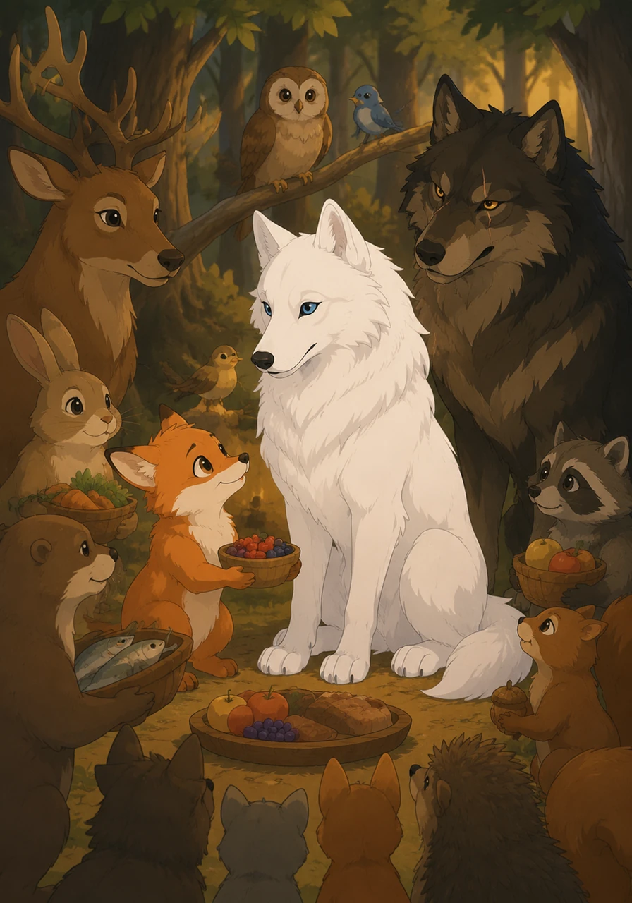 News of Layla’s bravery spread through the forest, reaching animals of all kinds who had also felt like they didn't belong. They gathered around the brave white wolf, offering food and warmth, seeing her not as a stranger, but as a hero.