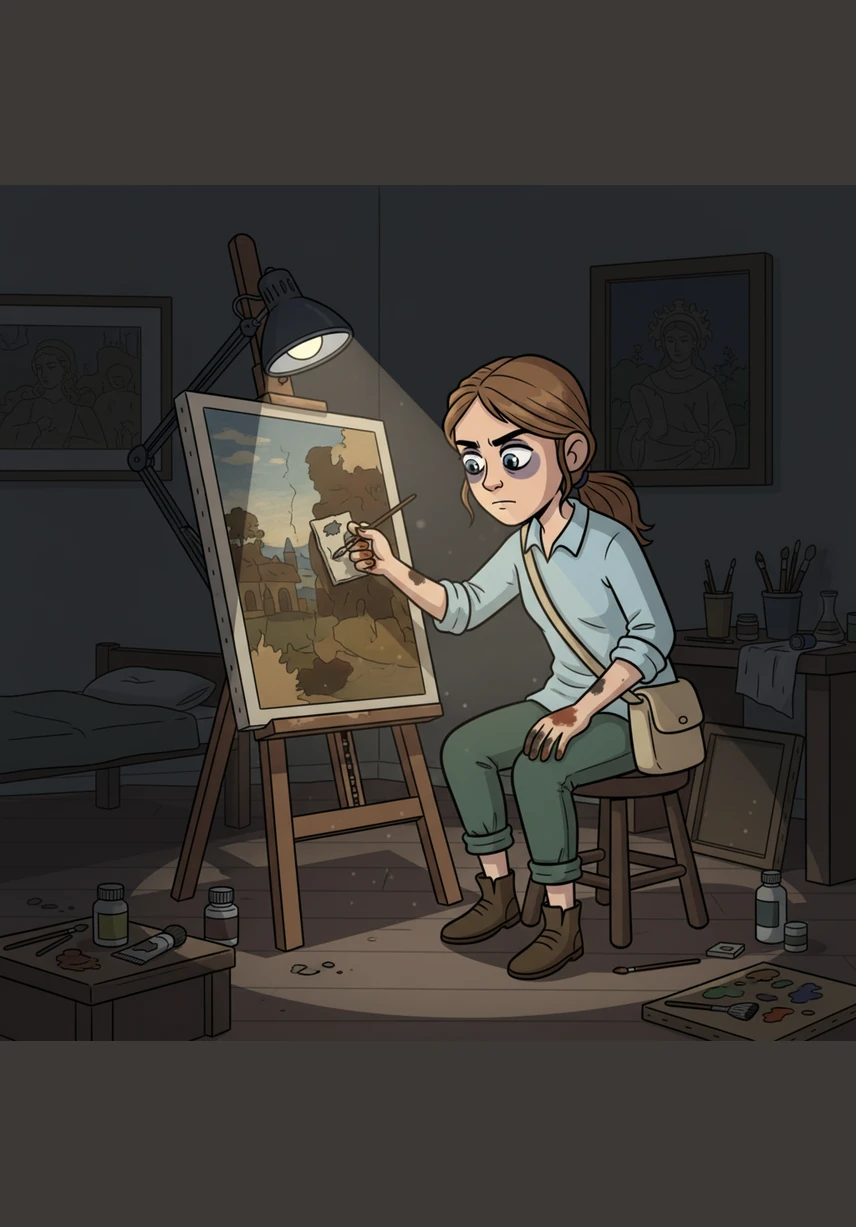 Alana sat in her dimly lit studio, her fingers stained with turpentine and ocre pigments. She had barely slept in days, but her eyes remained fixed on the four-hundred-year-old canvas before her, a piece that represented her only hope for a better life.