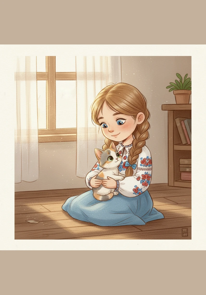 This is Mariia and her kitten, Mafka. Mafka is a small white kitten with grey spots. Mariia loves her very much.