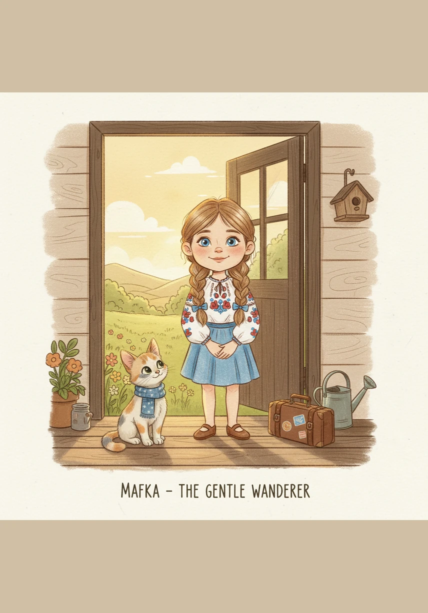 One day, the back door is open. Mafka looks outside at the bright sun. She wants to see the big world.