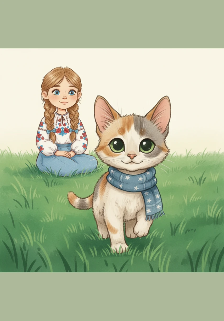 Mafka walks out into the soft green grass. The grass feels cool on her paws. She is a brave kitten.