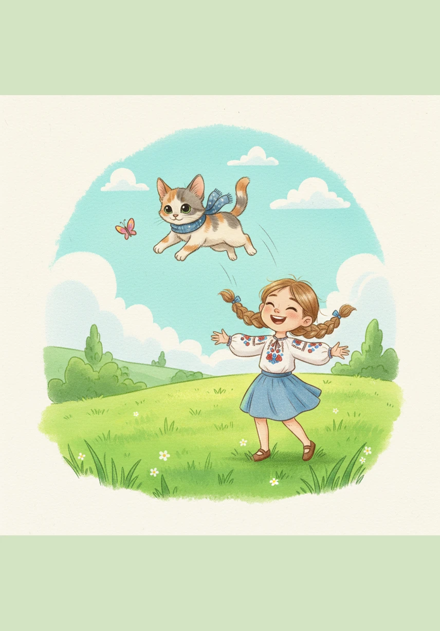 A yellow butterfly flies past Mafka. Mafka jumps high to catch it. The butterfly flies away into the sky.