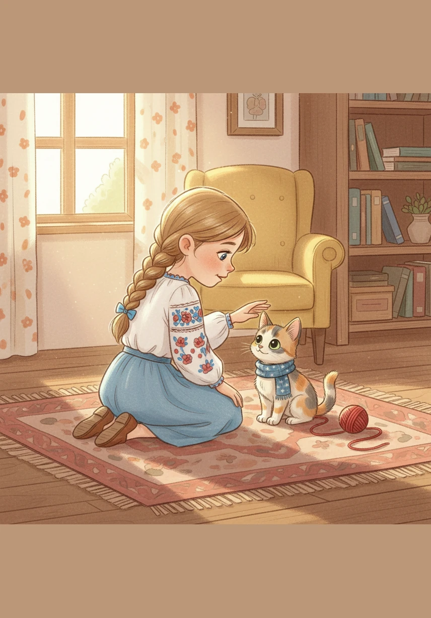 Mafka finds a big blue puddle near the fence. She looks down and sees her own face in the water. She taps the water with one paw.