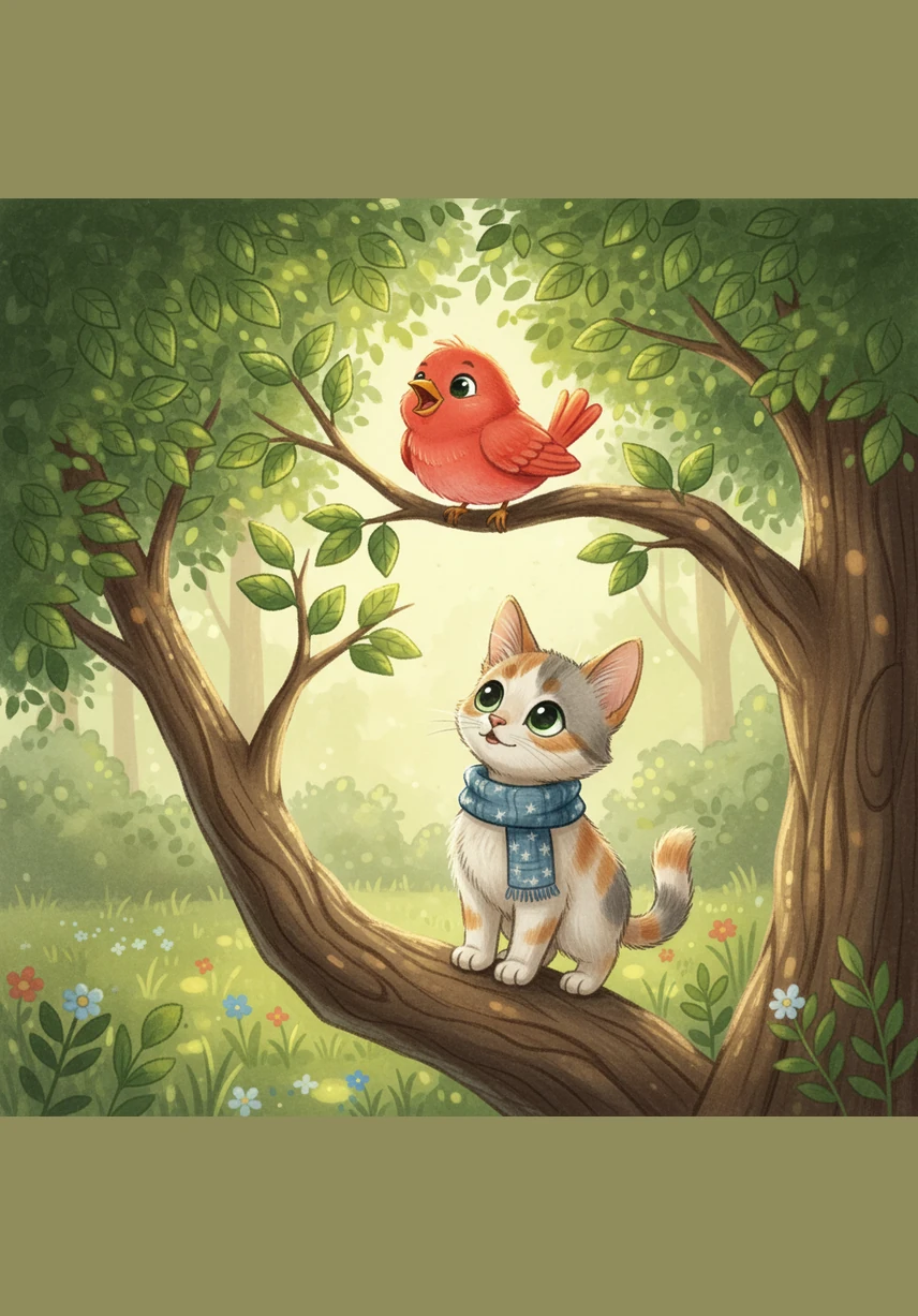 A red bird sits in a tall tree. Mafka looks up and watches the bird. The bird sings a happy song to the kitten.