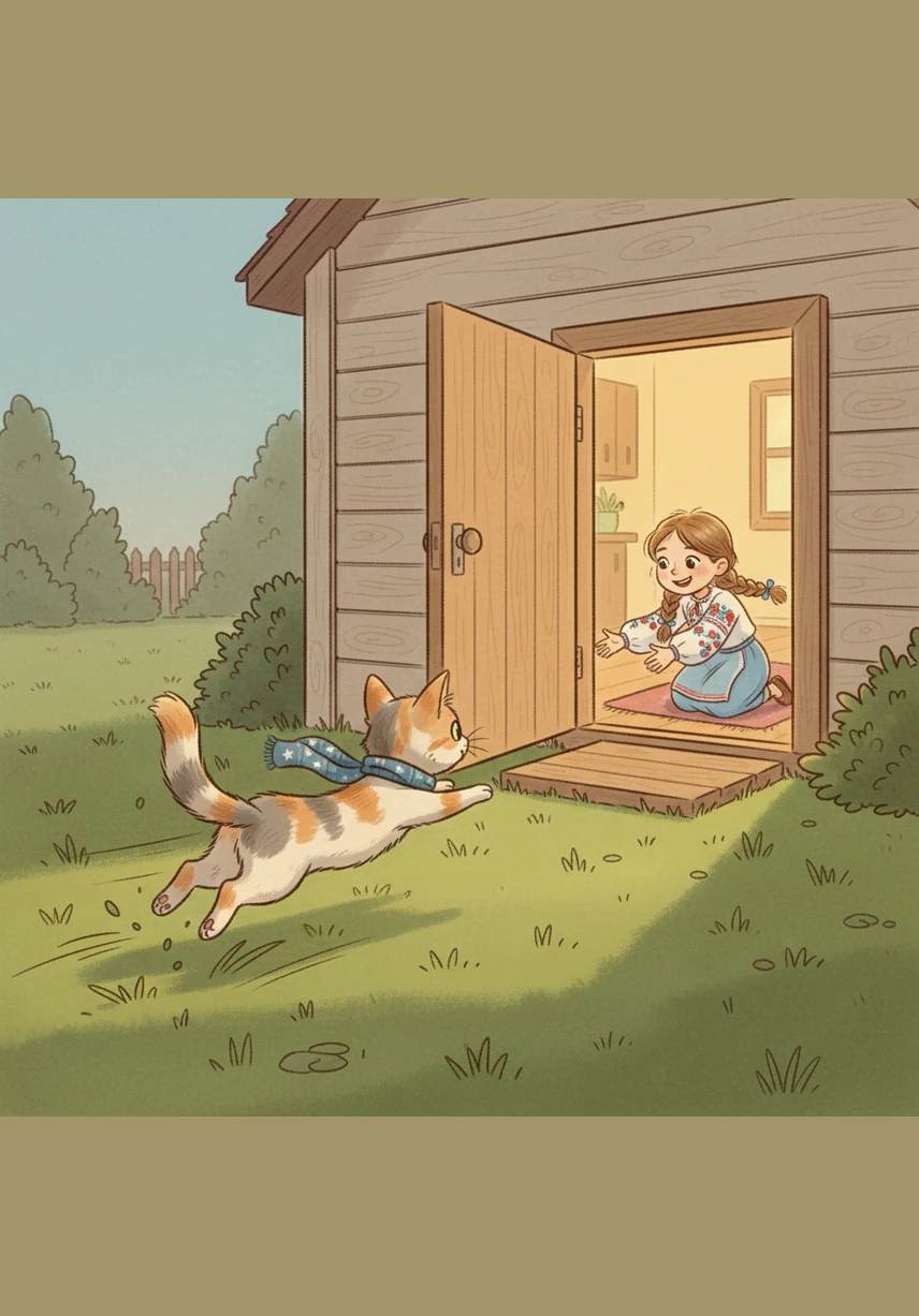 Mafka sees the open door and runs fast. She jumps over the grass and goes back inside. She is safe at home.