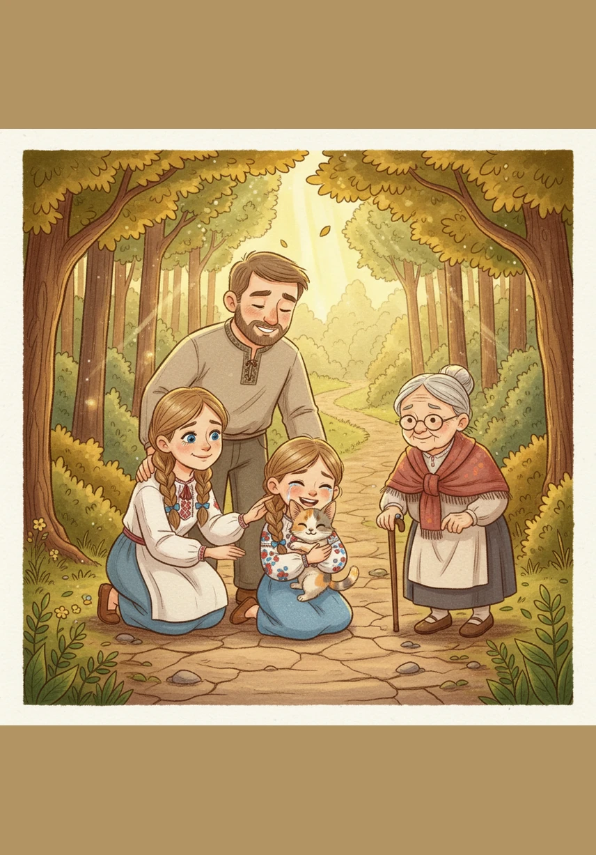 Mariia finds Mafka and gives her a big hug. Mafka purrs and falls asleep. They are very happy together.