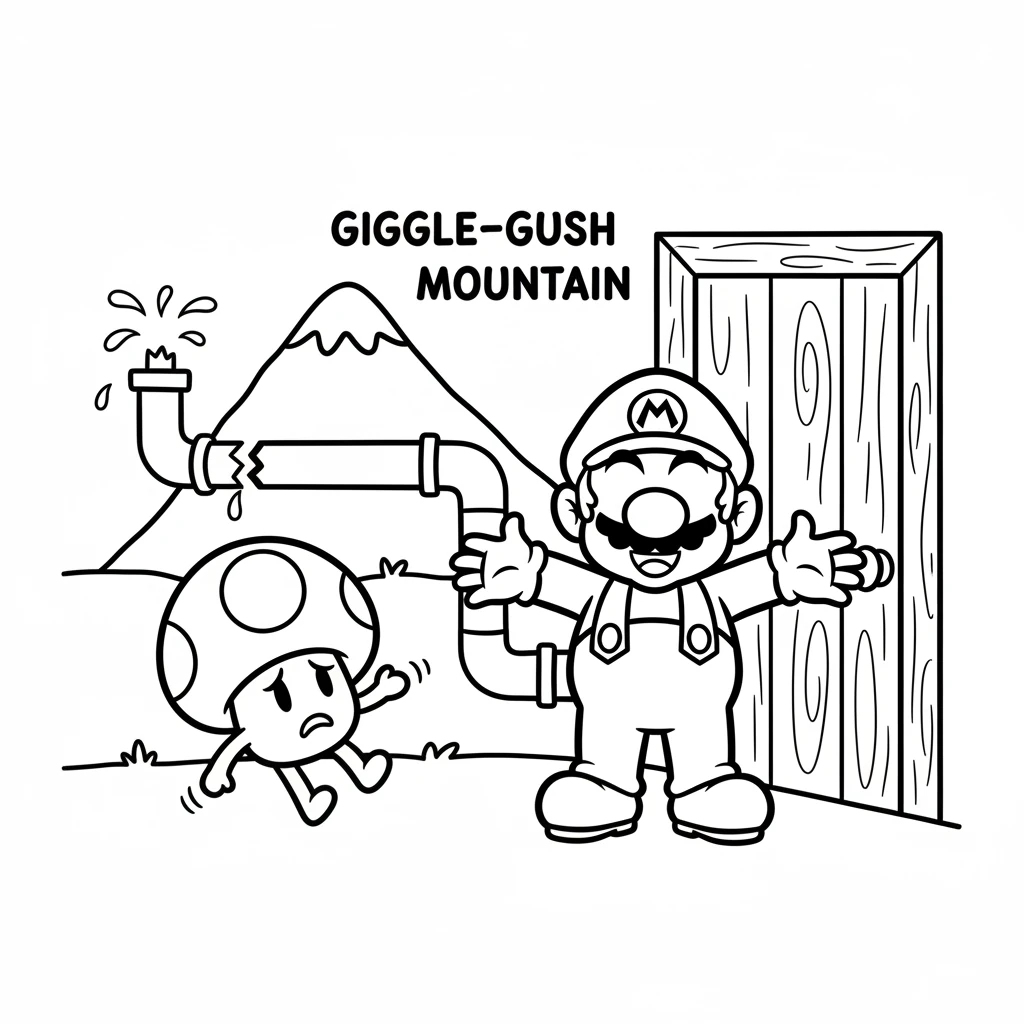 Suddenly, a worried little mushroom friend bounced to his door. "Oh no, Milo!" it squeaked. "The Giggle-Gush Mountain pipe is leaking!" Milo knew he had to help.