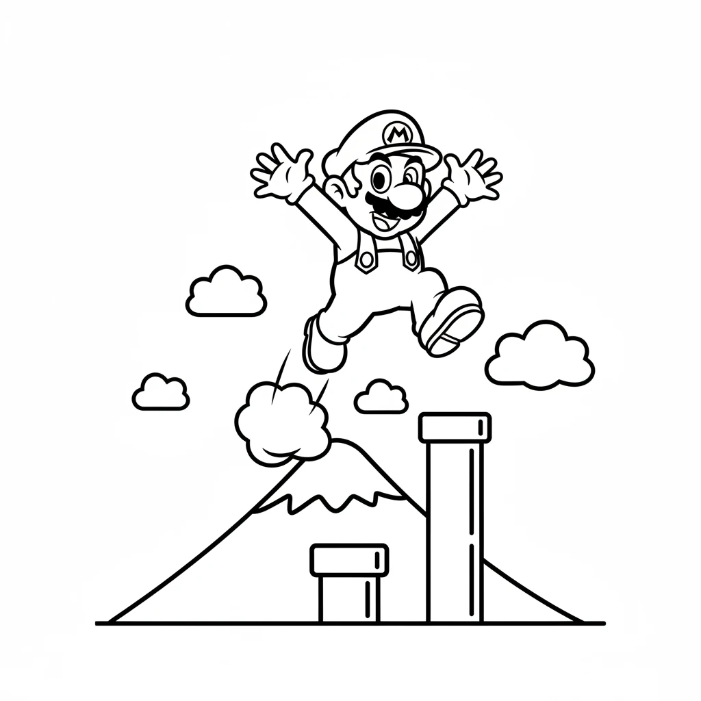 Milo used his super jump to leap over tall, colorful pipes and bouncy clouds. He bounced from cloud to cloud, getting closer to Giggle-Gush Mountain. The sky was bright and blue.