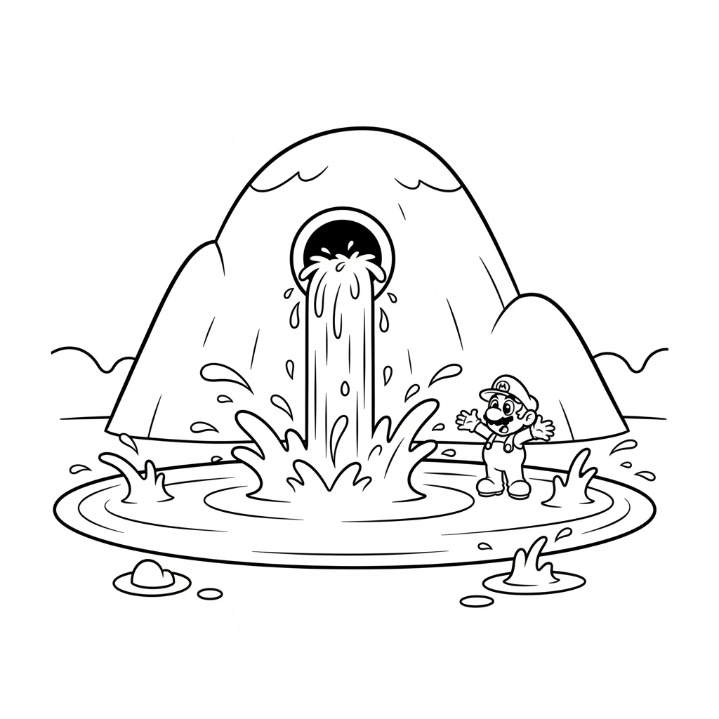 Finally, Milo reached Giggle-Gush Mountain. A giant, bubbly pipe was gushing water everywhere, making a huge puddle. It looked like a very big problem indeed!