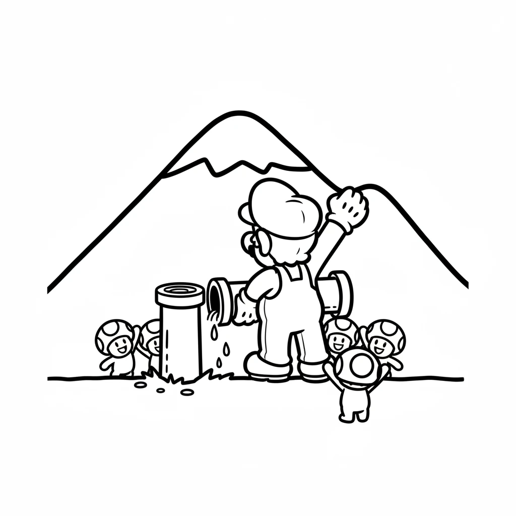 With a final mighty twist, the pipe stopped gushing! Cheers erupted from the little mushroom friends who had followed him. The mountain was safe and sound again.