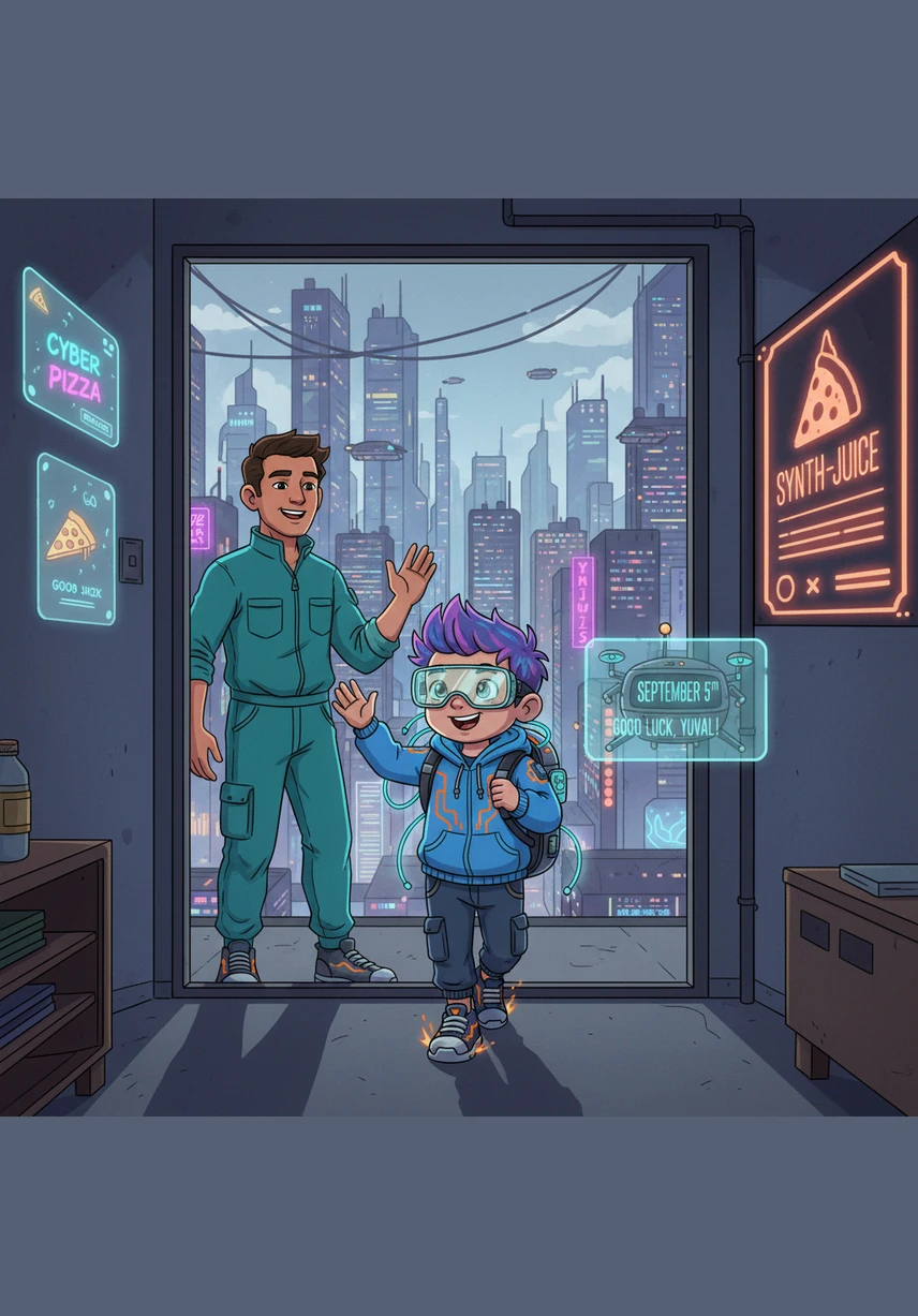 יובל מתעורר בהתרגשות בבוקר הראשון ללימודים, מכין את התיק הצבעוני שלו ויוצא עם הוריו מהבית בקיבוץ. השמש זורחת מעל הבתים הקטנים והמדשאות הירוקות, והכל מרגיש חדש ומבטיח לקראת השנה החדשה.