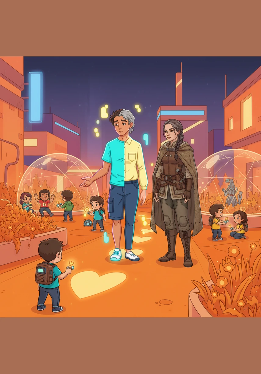 הם מגיעים לאזור לב הזהב, מתחם הגנים והפעוטונים הצבוע בכתום עז. יובל רואה את הלבבות הכתומים על השביל ומבין שזהו מקום מוגן במיוחד עבור הילדים הקטנים שמשחקים מסביב.