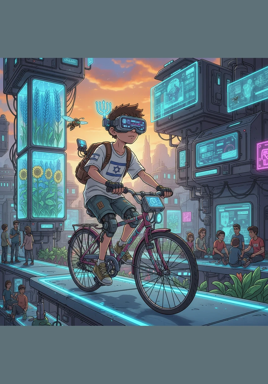 אחר הצהריים, יובל רוכב על האופניים שלו בשבילים המותרים בקיבוץ. הוא חובש קסדה צבעונית ושומר על ערנות, נהנה מהרוח ומנופי השדות הירוקים שמקיפים את הבית.