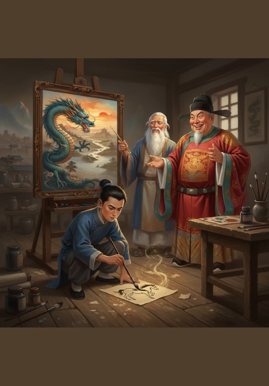 穷苦的孩子马良非常喜欢画画，但他买不起笔。他每天蹲在地上，用枯树枝当笔，在沙土上画出一只只栩栩如生的小鸟和游鱼，路过的动物们都仿佛被他的画作吸引。