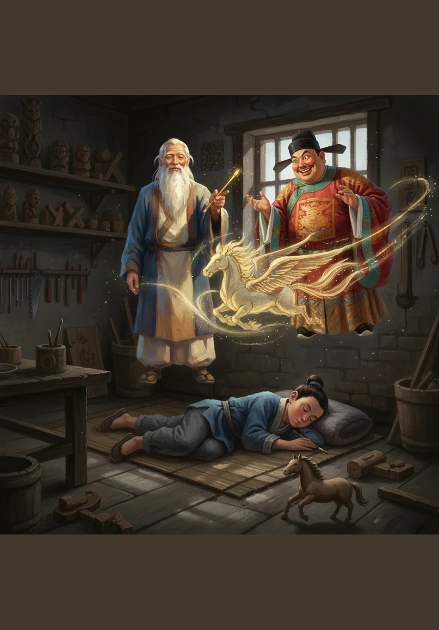 一天深夜，马良在草堆里睡着了，梦中出现了一位白胡子老爷爷。老人慈祥地将一支闪闪发光的金笔递给马良，并叮嘱他要为穷苦的人们画画。