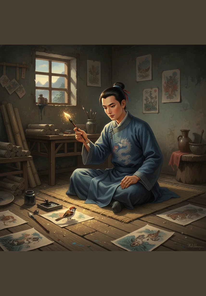 马良醒来后，发现手里真的握着一支沉甸甸的金笔。他试着在墙上画了一只大母鸡，没想到画笔一落，母鸡竟然拍打着翅膀跳了出来，咯咯叫着去啄地上的米。