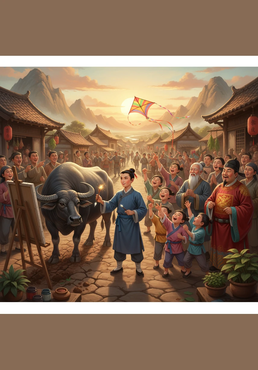 马良开始用神笔帮助乡亲们，他为干旱的农田画出健壮的水牛耕地，为失去玩具的孩子画出五彩斑斓的风筝。村子里到处洋溢着欢笑声，大家都感激这个善良的孩子。