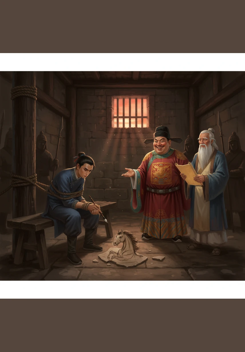 一个贪心的官员听说了神笔的秘密，立刻派出一群凶神恶煞的士兵，闯进村子抓走了马良。官员坐在阴暗的大堂里，露出贪婪的笑容，威胁马良为他作画。