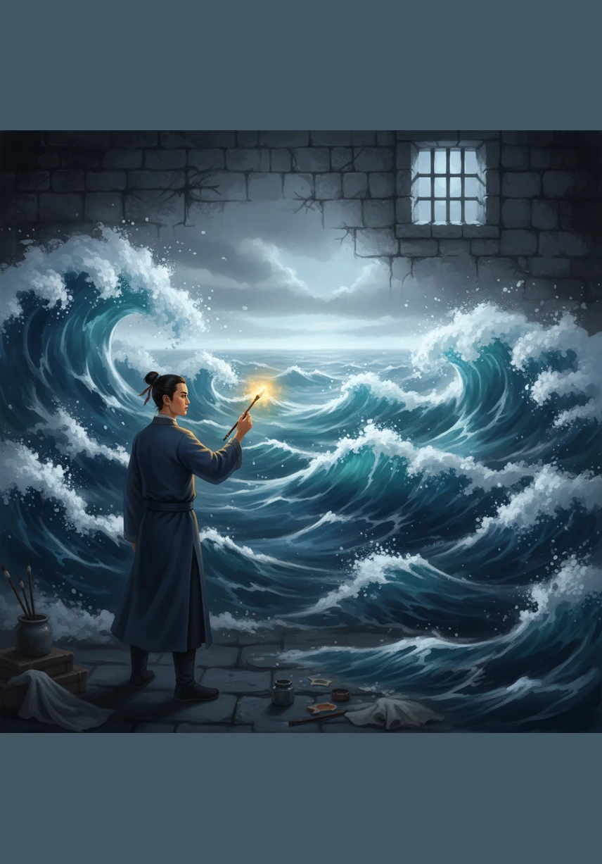 官员把马良关进地牢，逼迫他画一座金山。马良想到了一个主意，他拿起神笔，在雪白的墙壁上先画出了一片波涛汹涌、无边无际的大海。