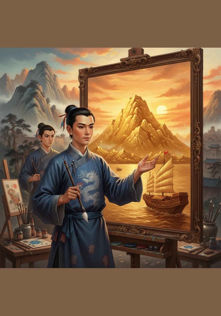 接着，马良在遥远的海面上画了一座金光闪闪的大金山。官员看到满山的金子，眼睛都直了，迫不及待地命令马良画一艘大船让他出海去运金子。