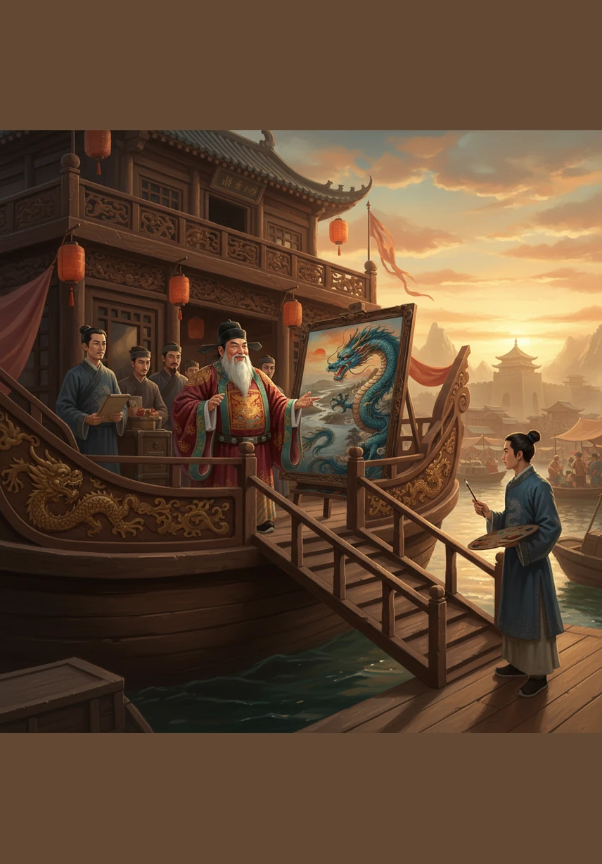 官员带着他的随从们兴奋地跳上一艘华丽的大船，扬起风帆向海中心的金山驶去。他站在船头大声欢呼，仿佛已经拥有了世界上所有的财富。