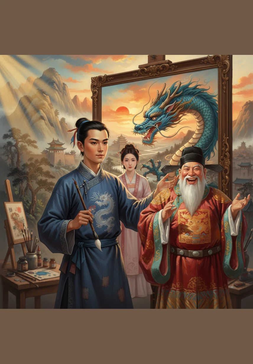 马良挥动神笔，在空中重重地画了几笔粗犷的线条。平静的海面顿时狂风大作，巨浪像怪兽一样扑向大船，贪婪的官员随着破碎的船只消失在波涛之中。