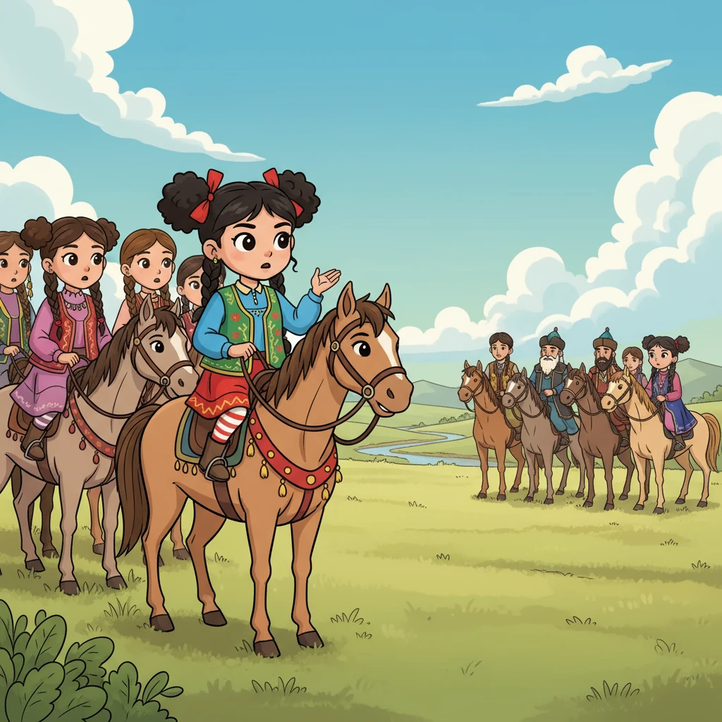 Алдарынан атты қыз-келіншектер тобы шықты. Данагүл де солардың арасында еді. Ол қыздарға: «Тоқтаңдар! Атты кісілердің алдын кеспейік. Бұл ер бастаған батыр, ақыл айтқан ақсақал болуы мүмкін. Батасын алайық!» - деді.