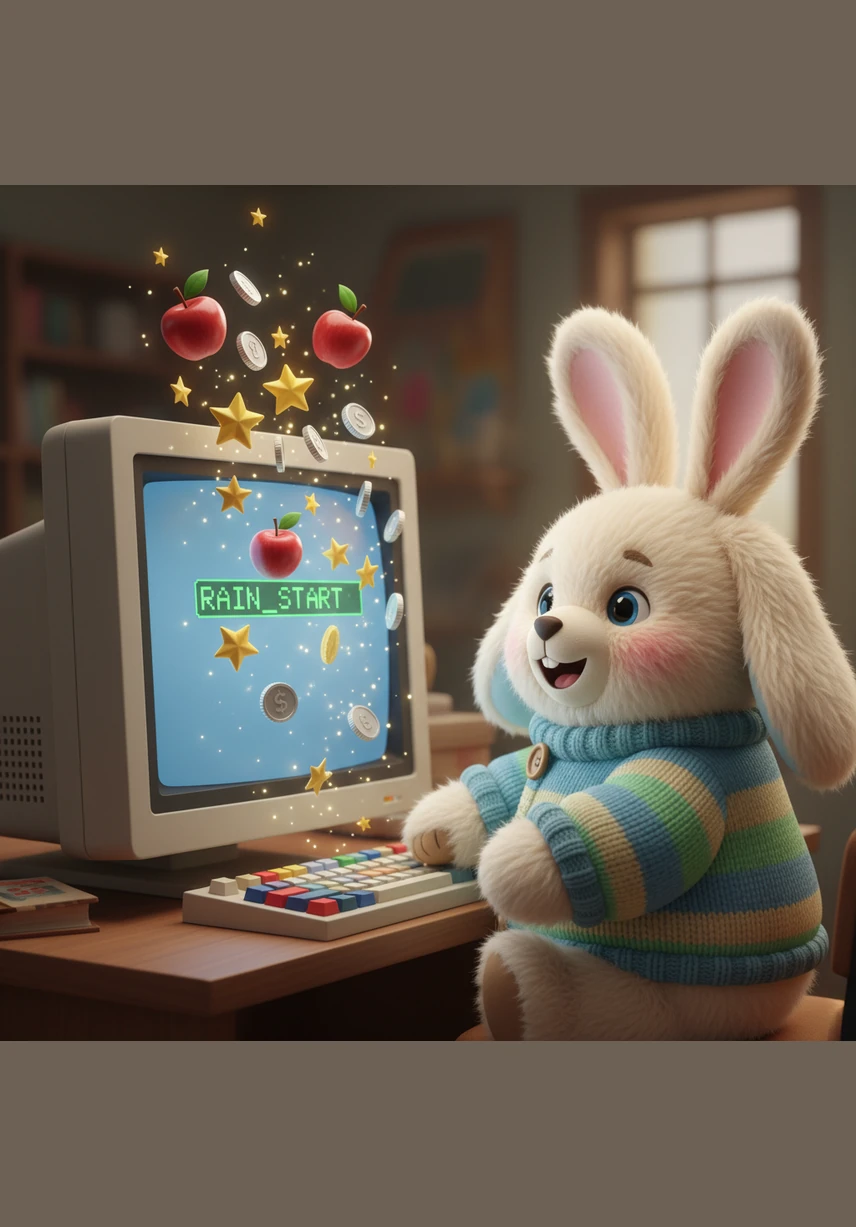 Cody types a special command, and suddenly, colorful objects begin to rain from the top of the screen. Red apples, golden stars, and silver coins drift down in a random, playful dance. Cody smiles as his static world begins to move with a life of its own.