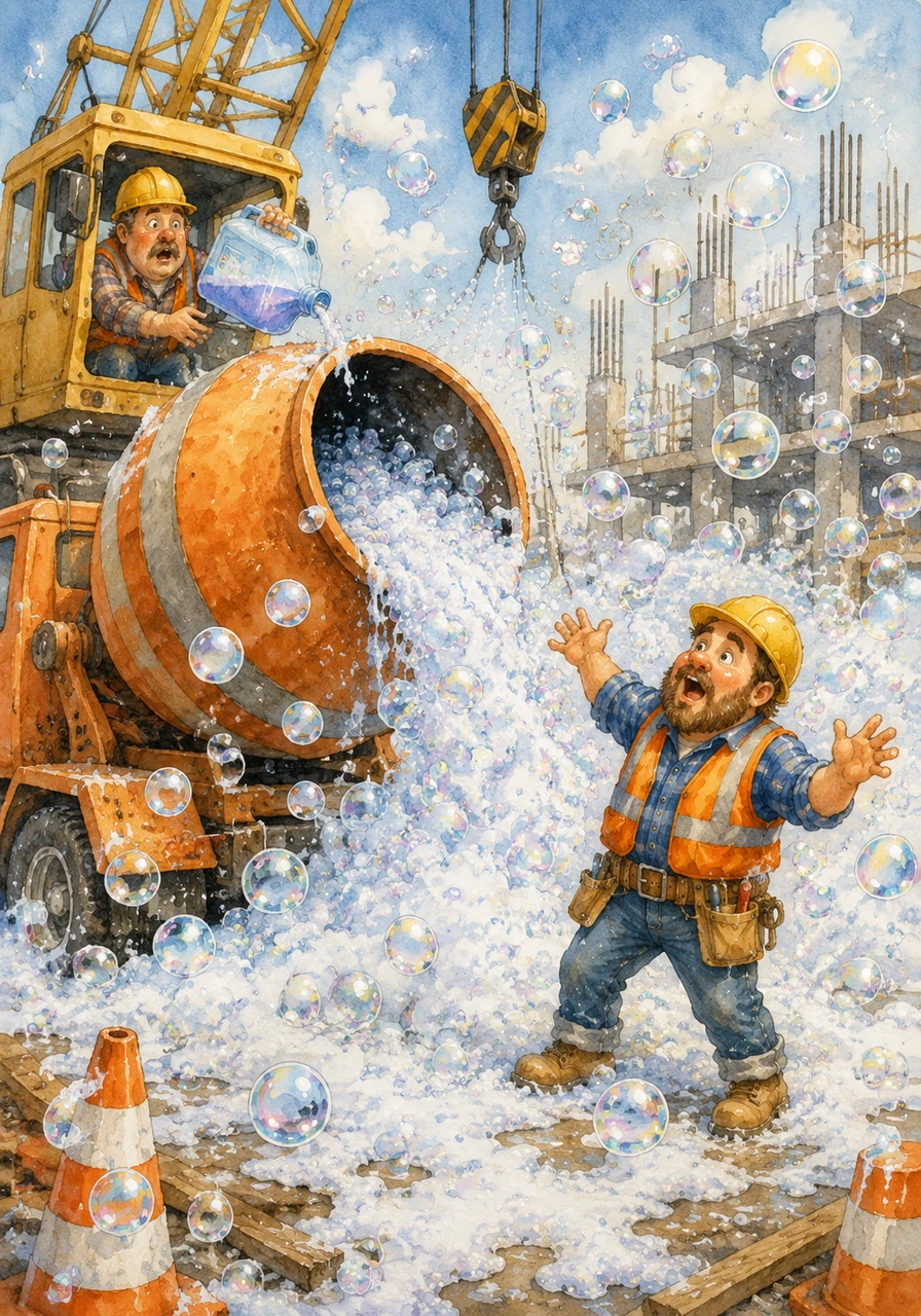 Disaster strikes when the cement mixer starts churning out millions of shimmering bubbles instead of grey concrete. Someone accidentally poured a whole gallon of bubble bath into the tank, and now the construction site looks like a giant, sudsy bathtub.