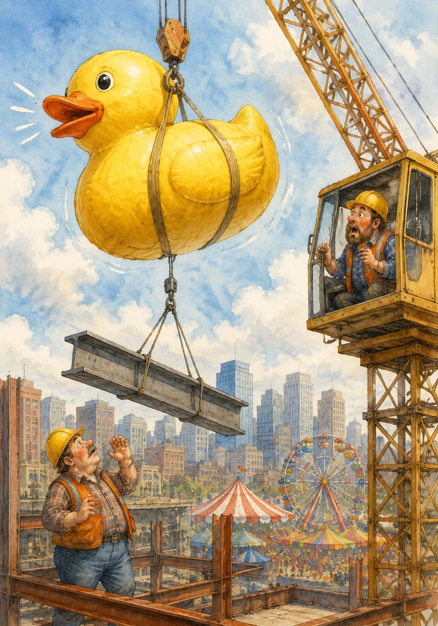 Charlie the Crane Operator tries to lift a heavy steel beam, but the hook catches onto a massive, inflatable rubber duck from the fair next door. The giant yellow duck floats high above the city, squeaking loudly every time the wind blows.
