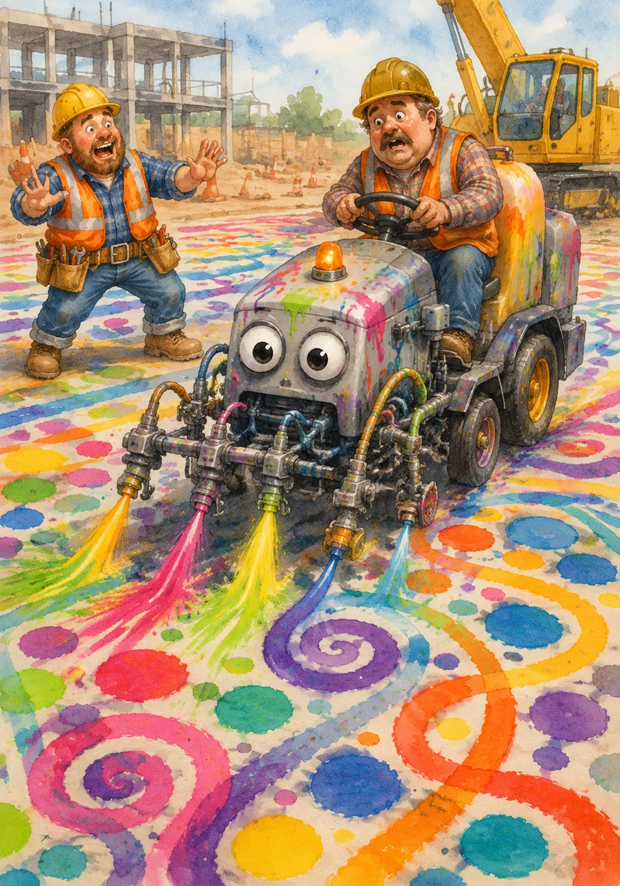 The road-painting machine goes completely wild, zig-zagging across the site in bright neon colors. Instead of straight white lines, the ground is now covered in colorful polka dots and silly swirls that look like a giant board game.