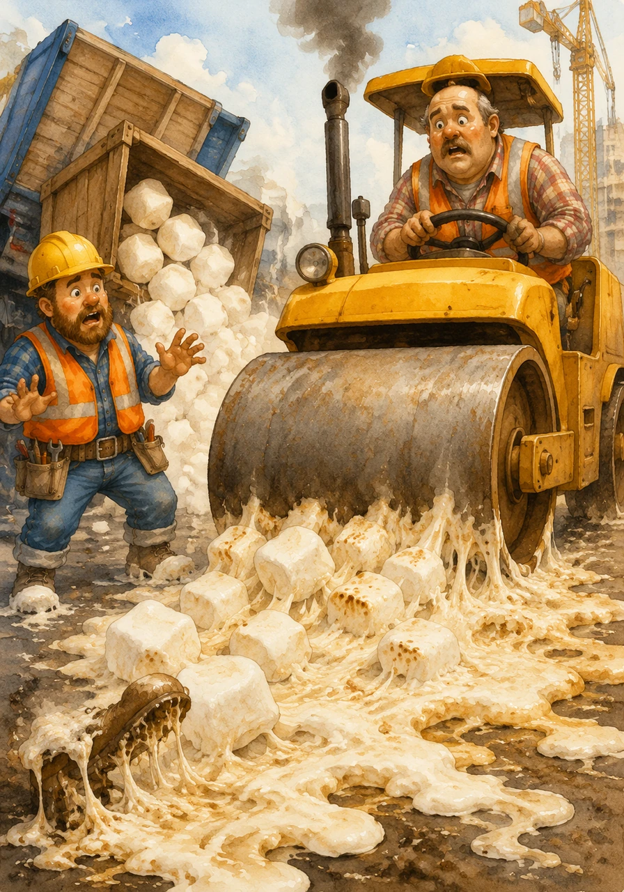 A delivery truck accidentally drops a crate of giant marshmallows right in the path of the heavy steamroller. As the roller passes over them, the ground becomes a sticky, squishy mess that smells like toasted vanilla and clings to everyone's boots.
