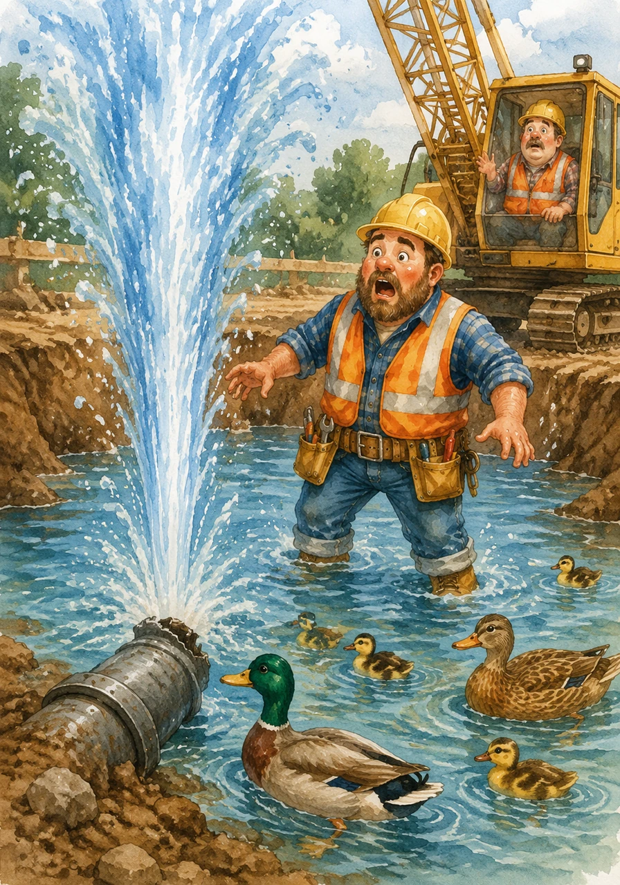 While digging the foundation, the bulldozer hits an old underground pipe that sprays sparkling blue water high into the air. Before Barnaby can fix the leak, a family of ducks moves in, turning the construction pit into a luxury swimming pool.