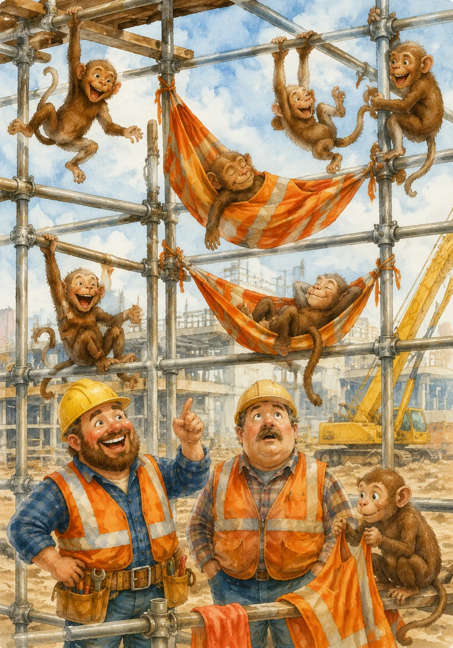 A group of mischievous monkeys escaped from the local zoo and decided the metal scaffolding was their new favorite playground. They are swinging from the bars and using the bright orange safety vests as colorful hammocks for their afternoon naps.