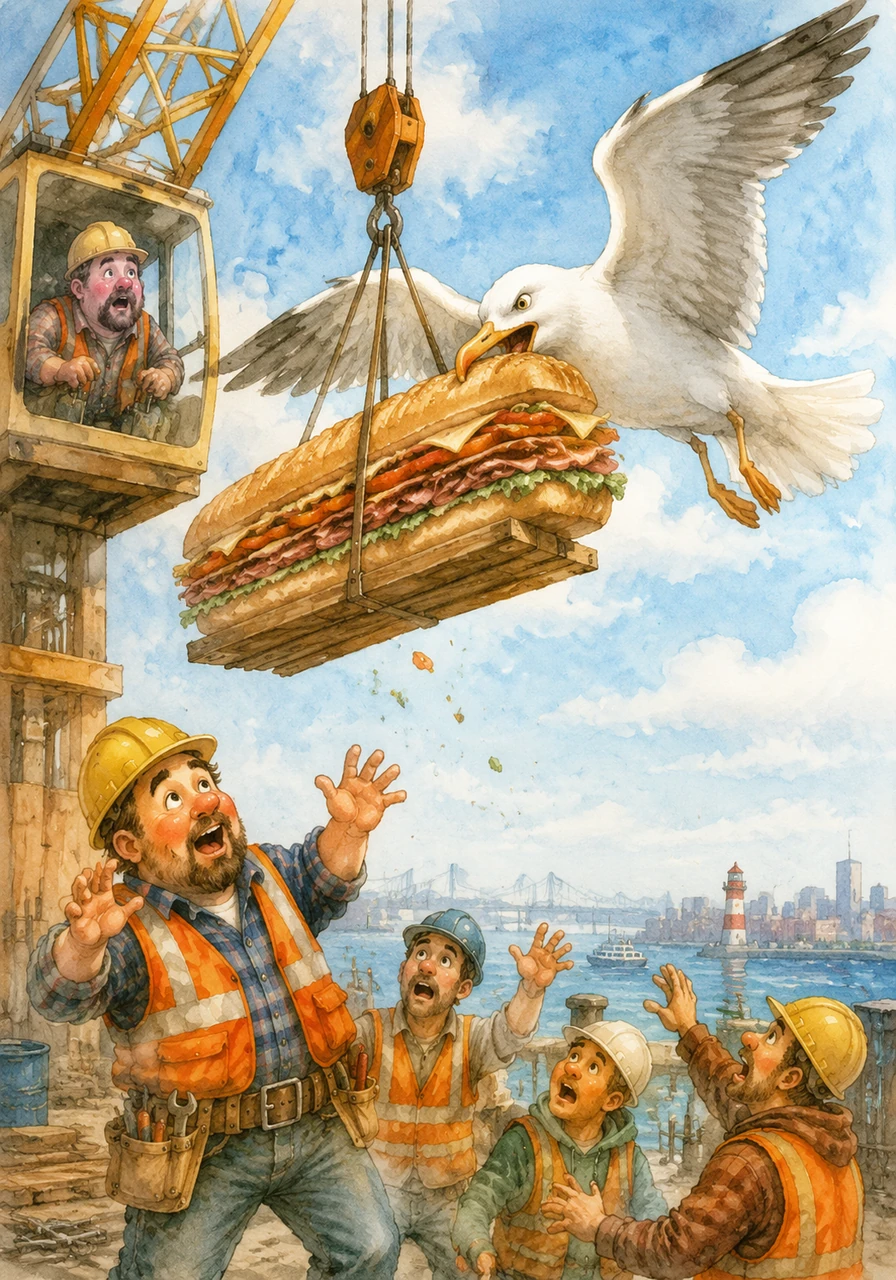 It is finally lunchtime, and the crane is used to lower a massive sub sandwich down to the hungry crew. Suddenly, a giant seagull swoops down from the sky, grabs the entire sandwich in its beak, and flies away toward the harbor.