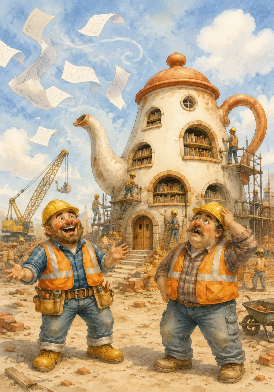 A sudden gust of wind catches the blueprints and swirls them high into the air, leaving the team to guess the rest of the design. They work hard all afternoon, only to realize they have accidentally built the library in the shape of a giant, crooked teapot.