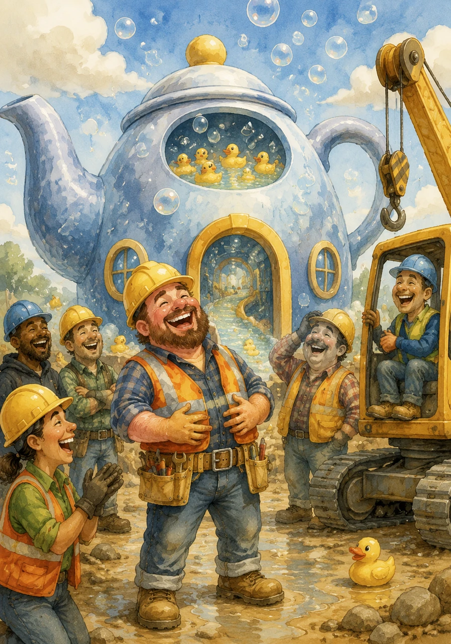 Barnaby looks at his bubbly, duck-filled, teapot-shaped site and can't help but let out a loud, belly-shaking laugh. The crew joins in, realizing that even when things go wrong, they have built the funniest and most magical place in town.