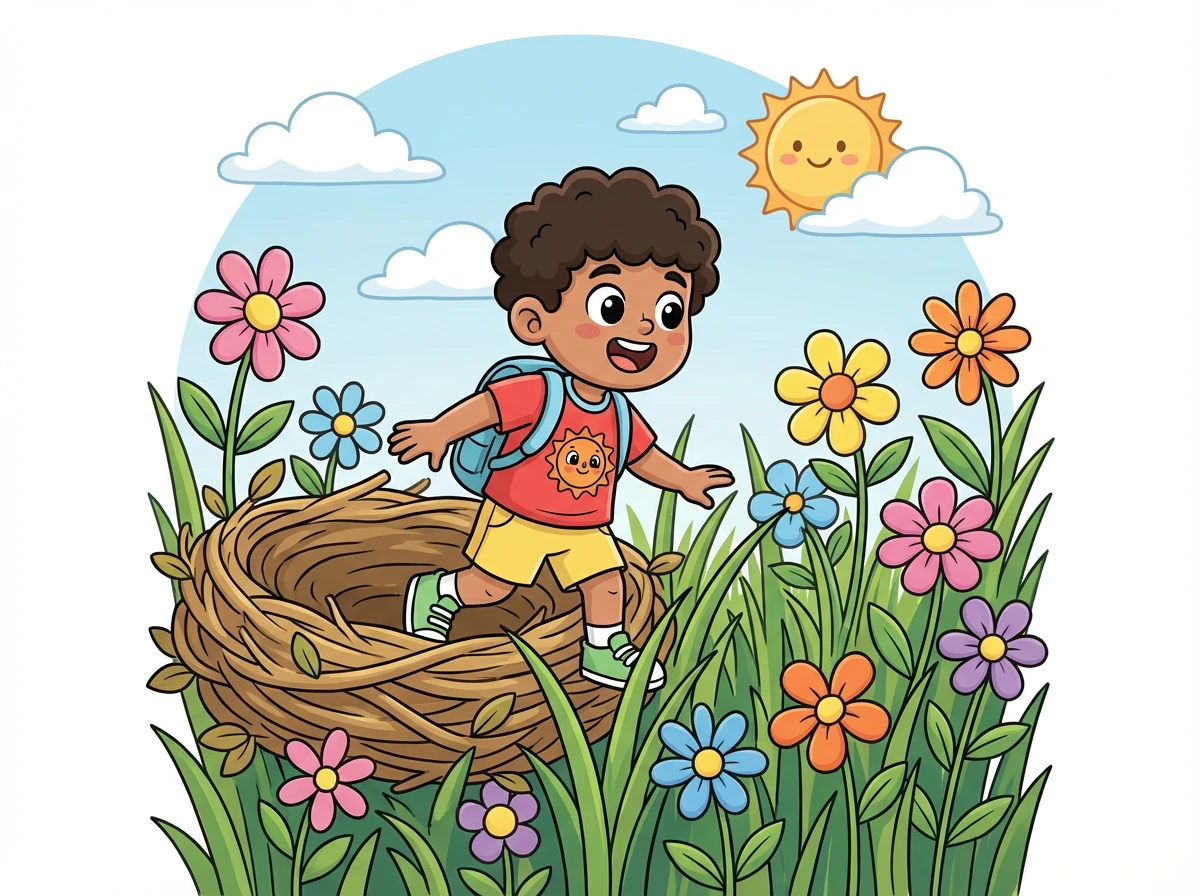 Suatu hari, Budi memutuskan untuk memberanikan diri keluar dari sarang. Dia melihat bunga-bunga berwarna-warni dan rumput hijau yang tinggi.