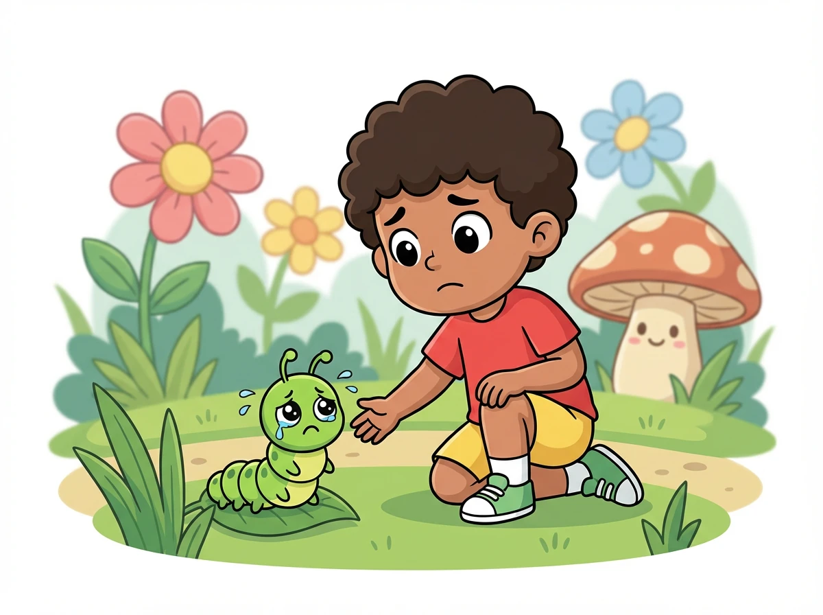 Saat berjalan-jalan, Budi bertemu dengan seekor ulat kecil yang sedang menangis. Ulat itu tersesat dan tidak tahu jalan pulang.