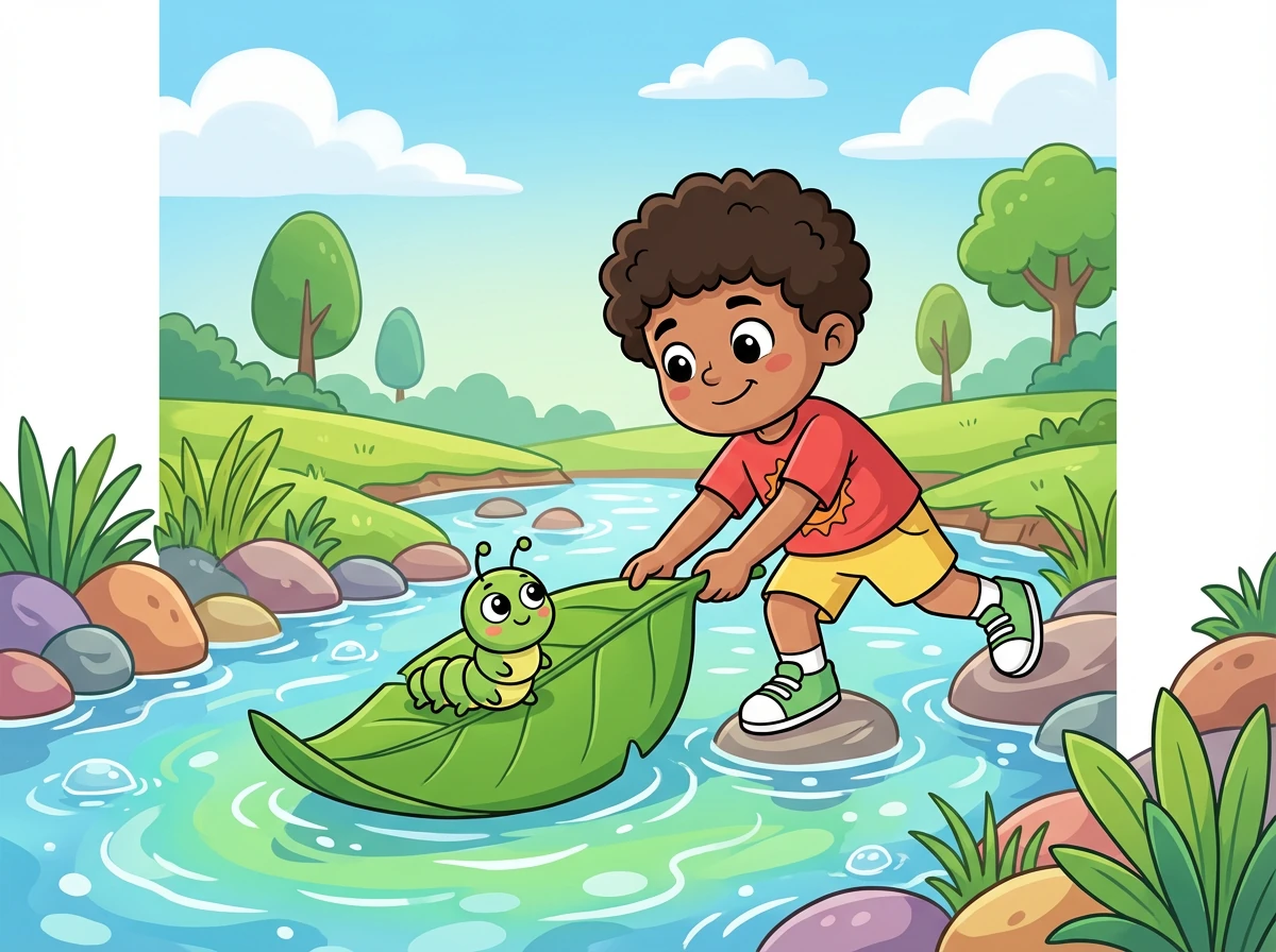 Di tengah perjalanan, mereka harus melewati sungai kecil. Budi membantu ulat menyeberangi sungai dengan menggunakan daun sebagai rakit.