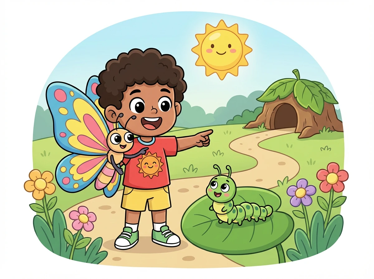 Setelah melewati sungai, mereka bertemu dengan seekor kupu-kupu yang baik hati. Kupu-kupu itu menunjukkan jalan pulang untuk ulat.