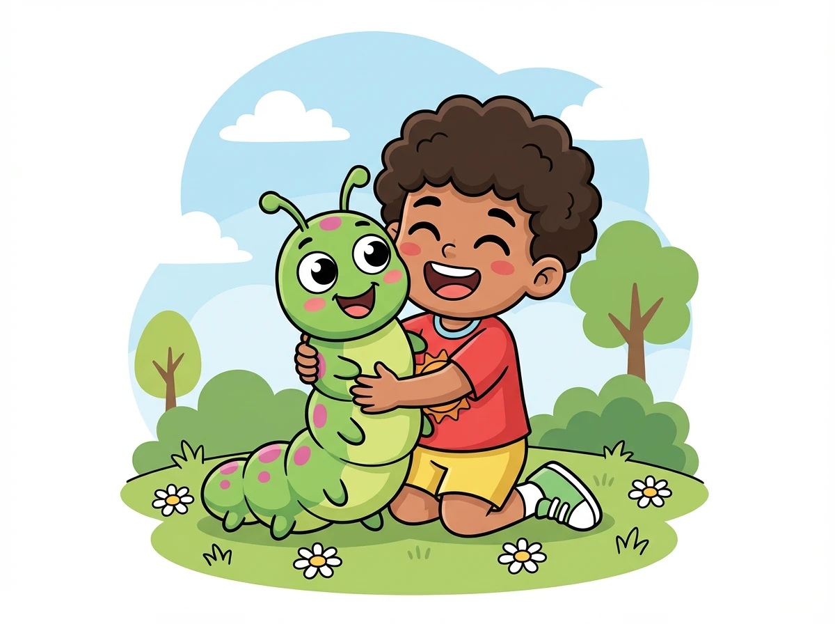 Ulat sangat senang dan berterima kasih kepada Budi. Mereka berpelukan erat sebelum ulat kembali ke keluarganya.