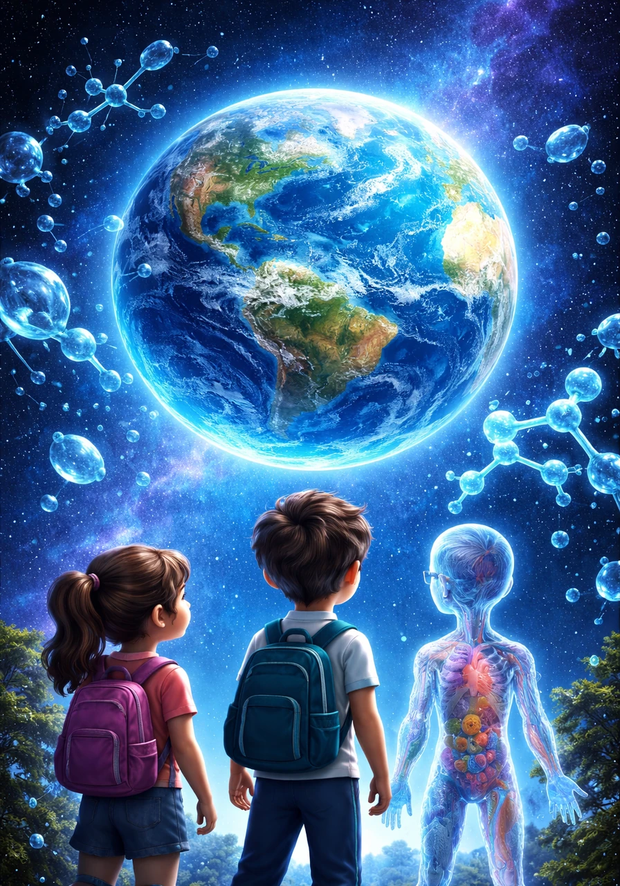 A glowing, vibrant planet Earth floats in the deep blue cosmic expanse, wrapped in swirling oceans and shimmering atmospheres. Brilliant, translucent droplets of water and neon cyan 3D molecular structures dance across the screen, inviting us to discover why water is the ultimate foundation of all living things.