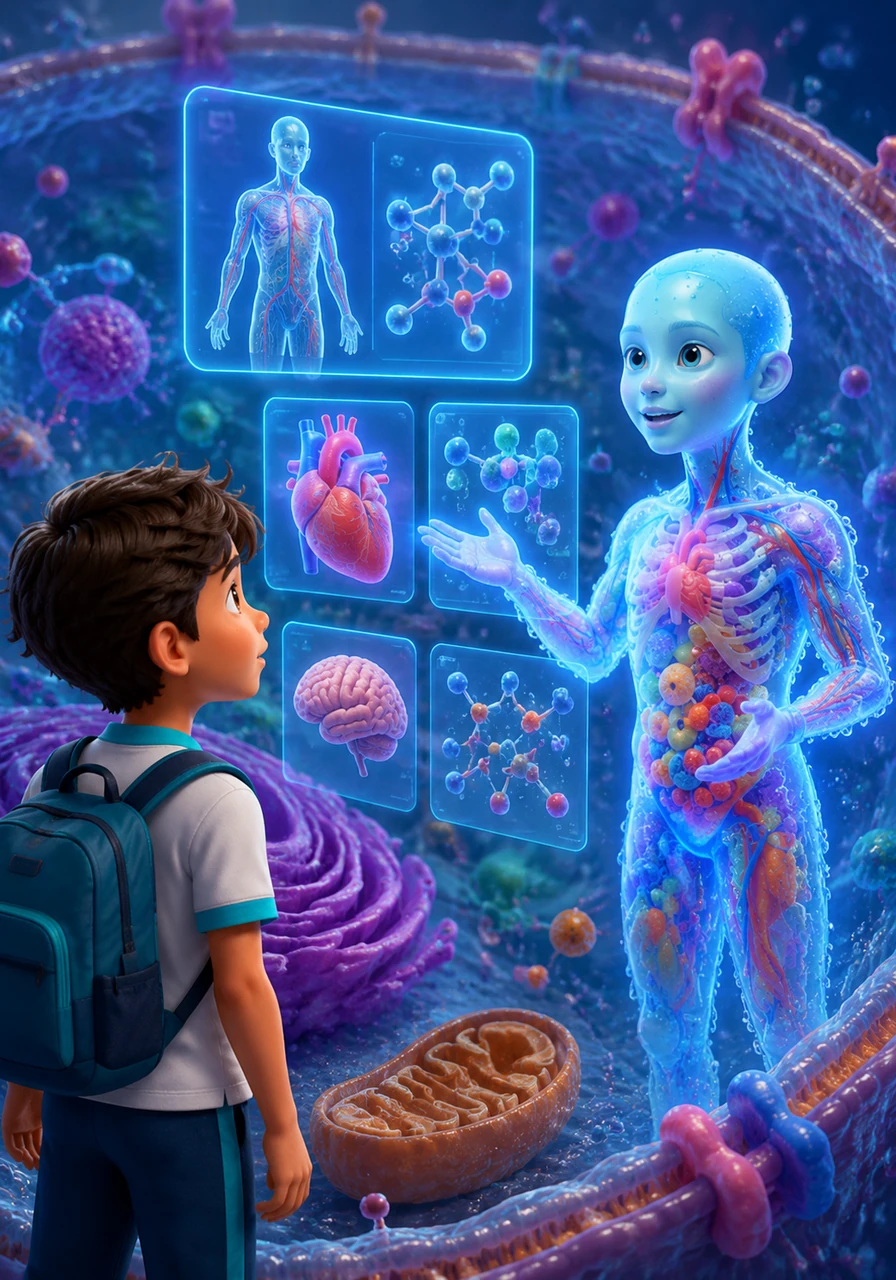 Aqua, a friendly and glowing H₂O molecule, guides us into a microscopic view of a human cell teeming with energy. Through sleek infographical charts, we see how our own bodies are built from this wondrous liquid, driving every single vital chemical process that keeps us alive.