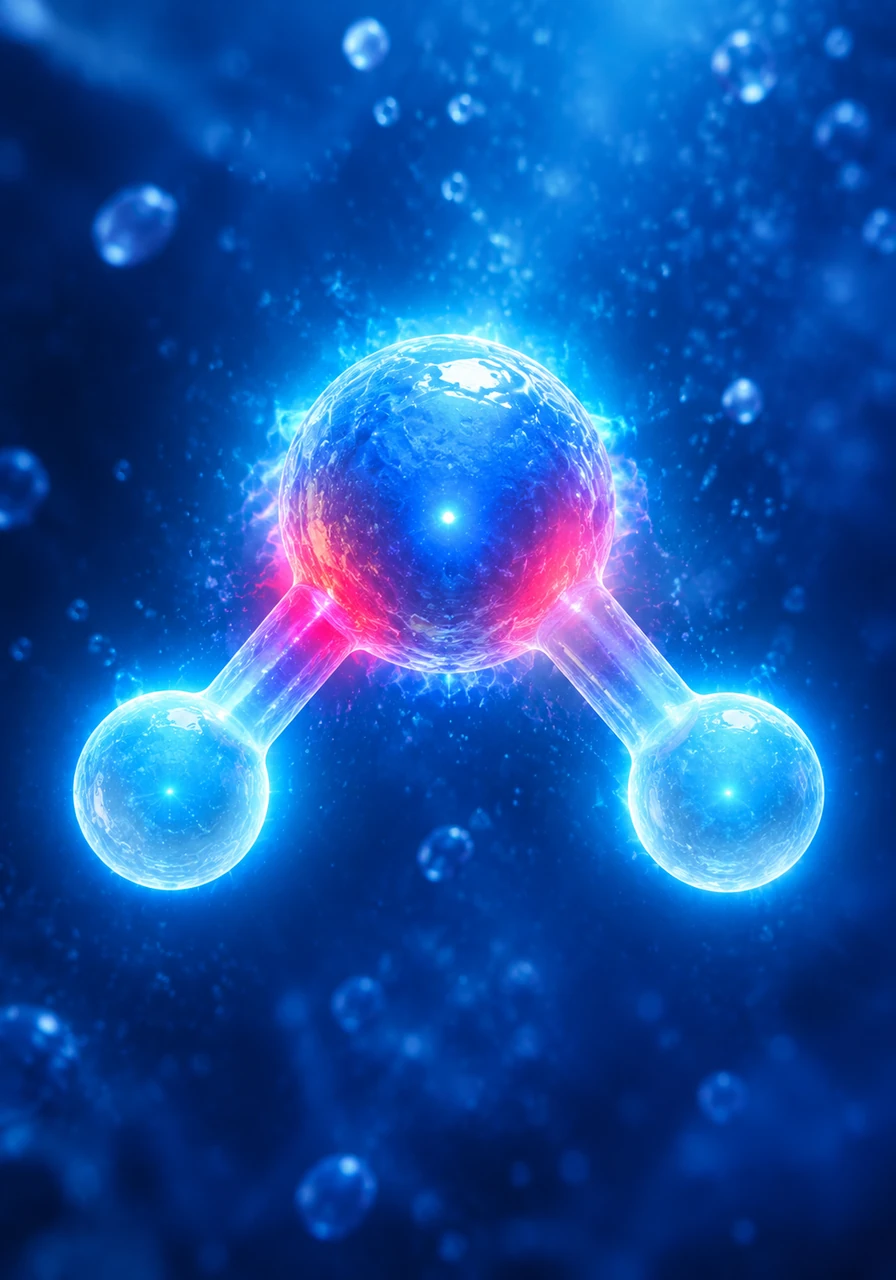 Zooming closer, Aqua reveals its unique V-shaped structure, showcasing two bright hydrogen atoms bonded tightly to a central oxygen atom. The molecule glows with a distinct dipole charge, creating a powerful molecular magnet that allows water to behave unlike any other fluid on Earth.