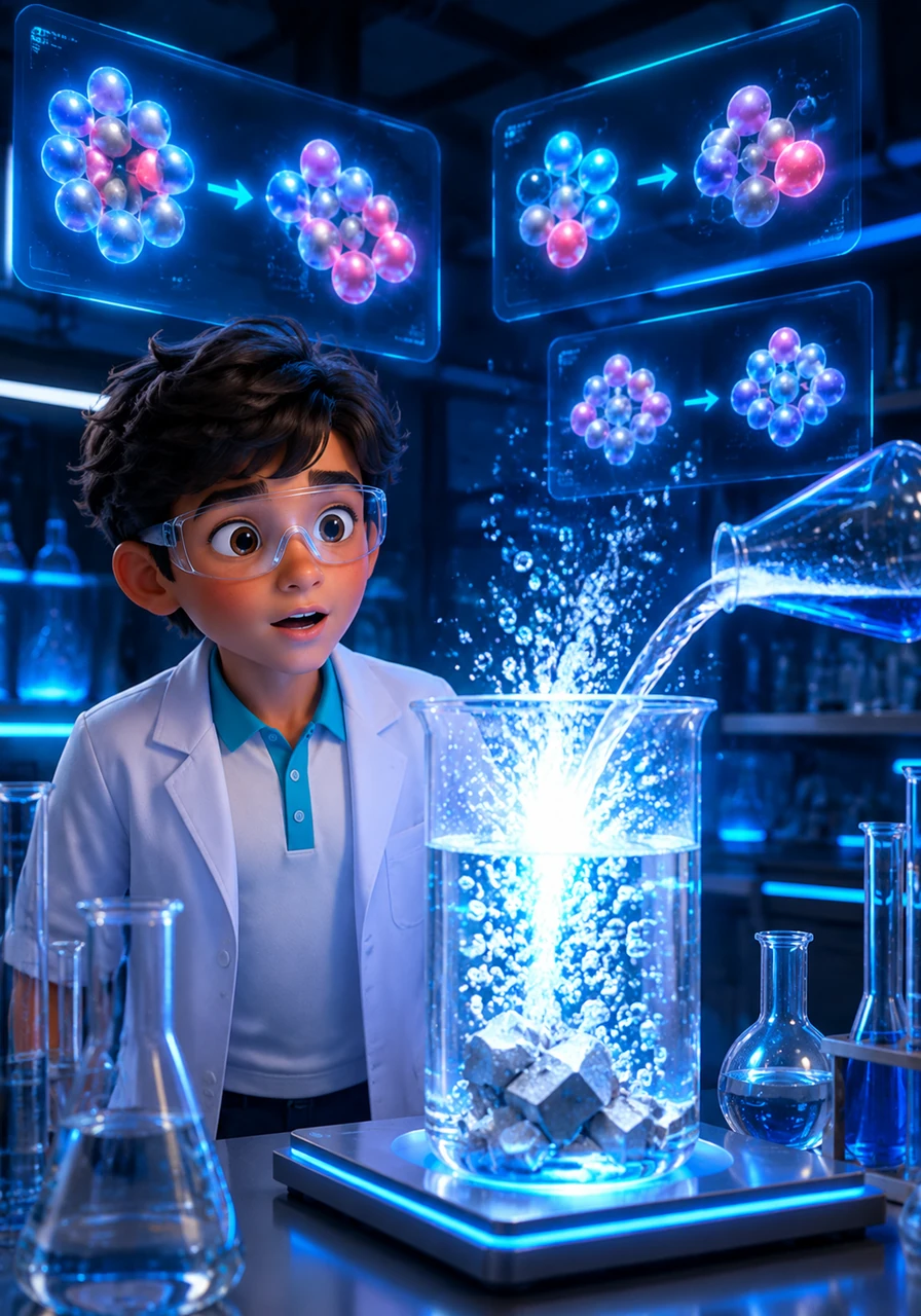 Suddenly, a dramatic flash illuminates the science lab as Aqua reacts with active sodium metal, releasing bursts of hydrogen gas and forming a powerful base. Beside it, elegant neon-accented chemical equations map out how water transforms basic and acidic oxides into entirely new compounds.