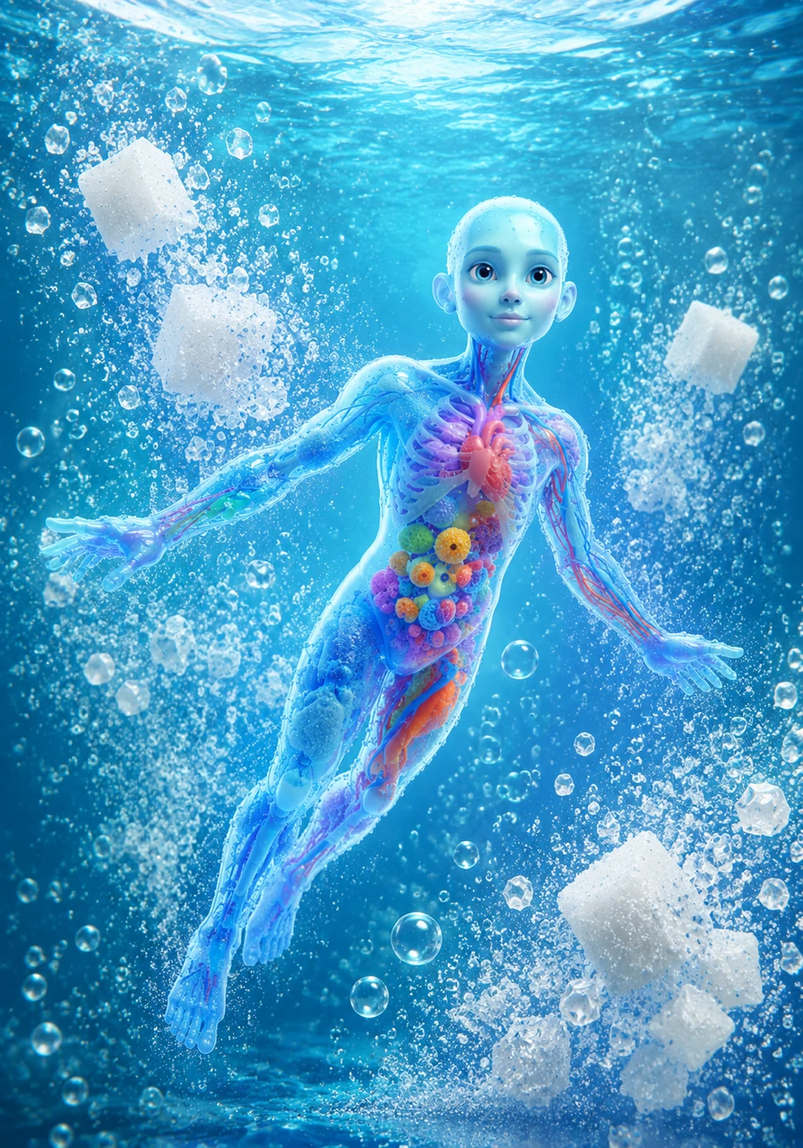 Aqua glides through a crystal-clear solution where solid salt cubes and sugar crystals gracefully break apart and dissolve. This marvelous ability crowns water as the universal solvent, a liquid capable of carrying essential nutrients throughout nature and technology alike.