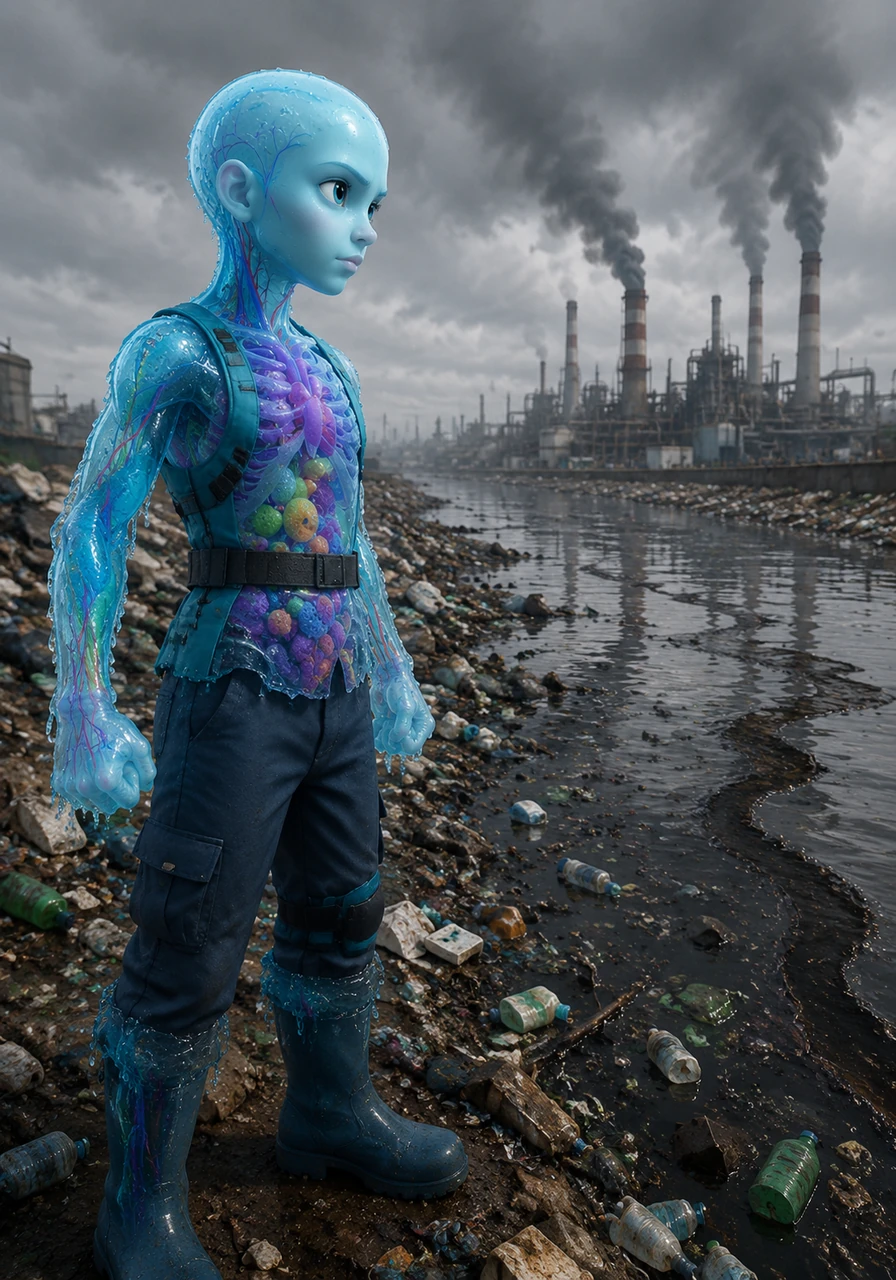 The scenery shifts to a darker, solemn landscape where plastic waste, dark oil streaks, and industrial runoff cloud a majestic river. Aqua looks on with determination, highlighting the critical ecological crisis of water pollution that threatens our global ecosystem.